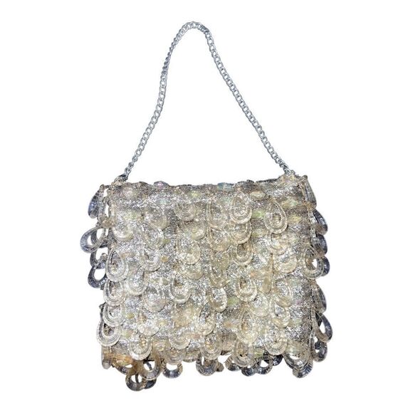 Vintage Silver Lame Beaded Evening Bag Purse Made in Hong Kong - Picture 2 of 5